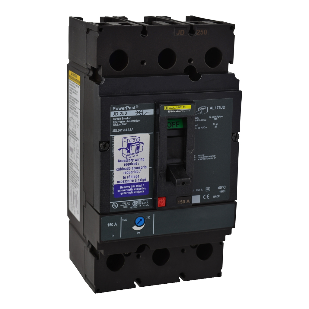Mayer-DDS-Circuit breaker, PowerPacT J, 250A, 3 pole, 600VAC, 14kA, lugs, thermal magnetic, 80%, aux, shunt-2
