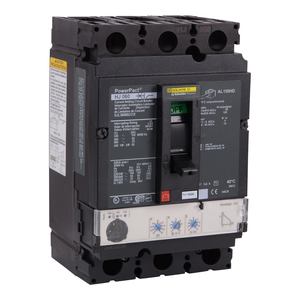 Mayer-DDS-Circuit breaker, PowerPacT H, 60A, 3 pole, 600VAC, 25kA, lugs, Micrologic 3.2, 80%-1