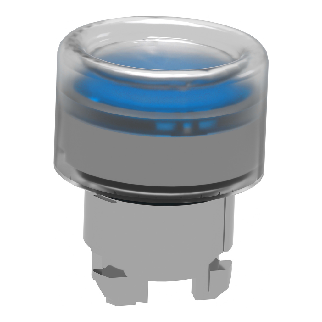 Mayer-DDS-Head for illuminated push button, Harmony XB4, metal, blue flush, 22mm, universal LED, spring return, clear boot-2