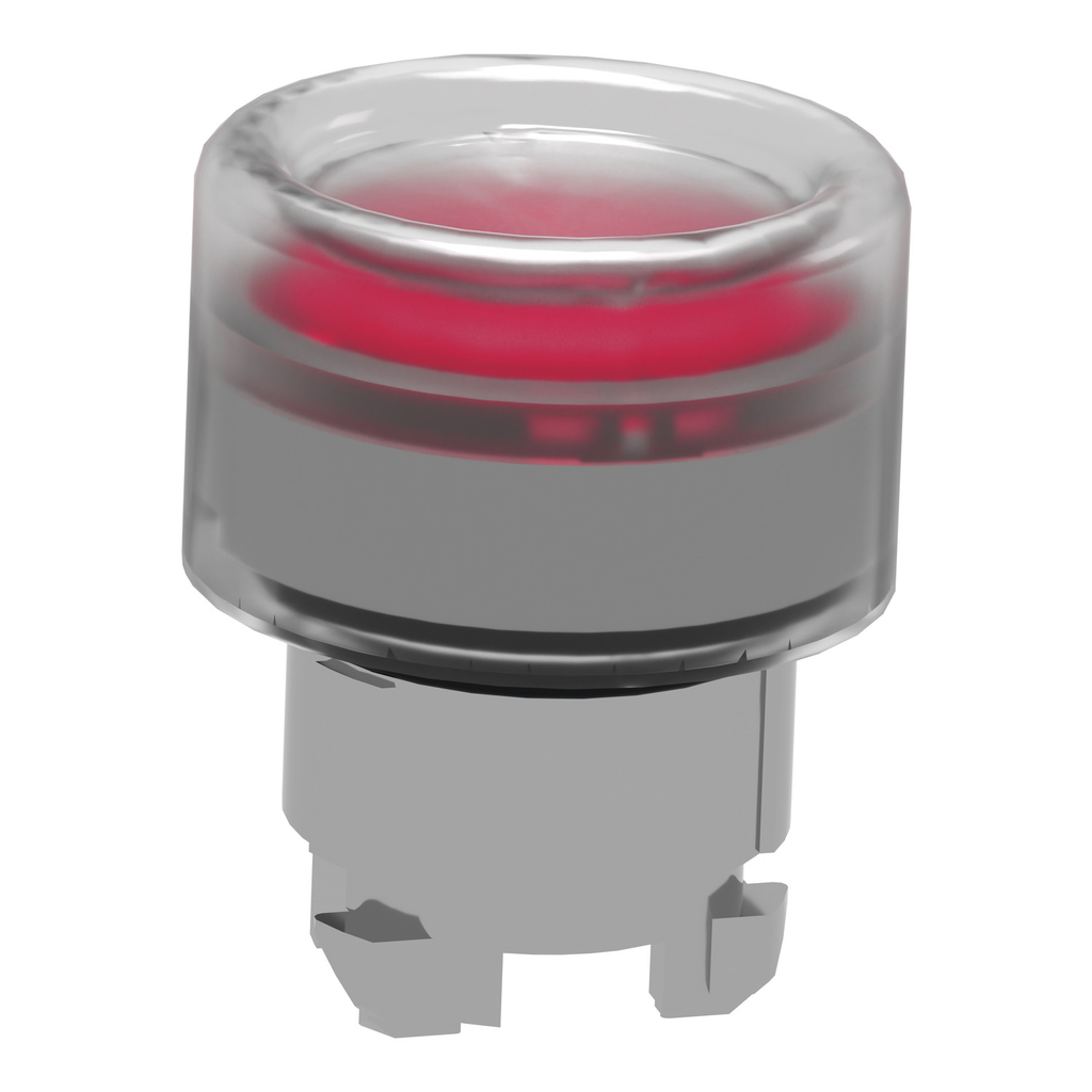 Mayer-DDS-Head for illuminated push button, Harmony XB4, metal, red flush, 22mm, universal LED, spring return, clear boot, unmarked-2