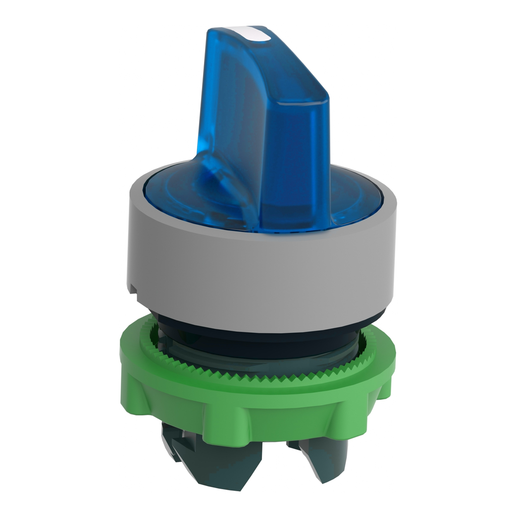 Mayer-DDS-Head for illuminated selector switch, Harmony XB5, grey bezel, blue handle, 22mm, universal LED, 3 positions, right to center-2