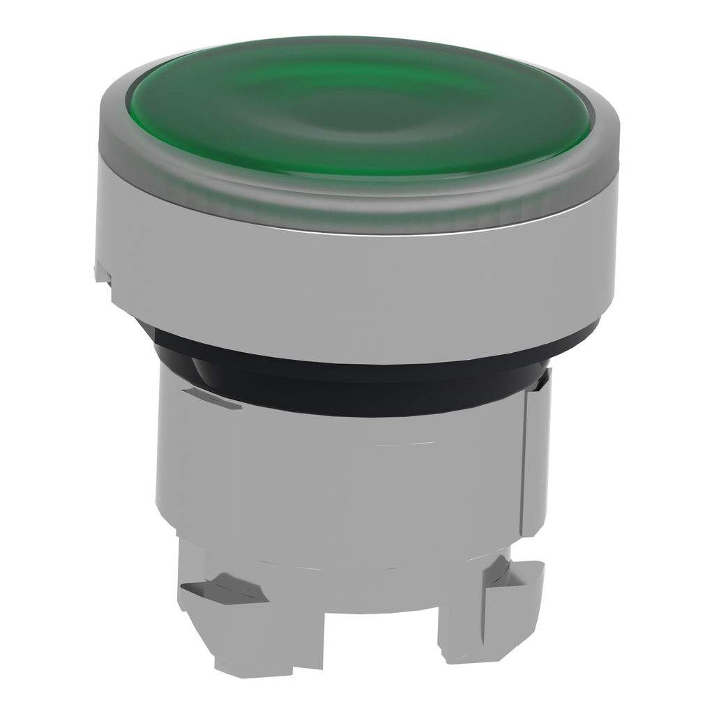 Mayer-DDS-Head for illuminated push button, Harmony XB4, metal, green flush, 22mm, universal LED, spring return, plan lens-2