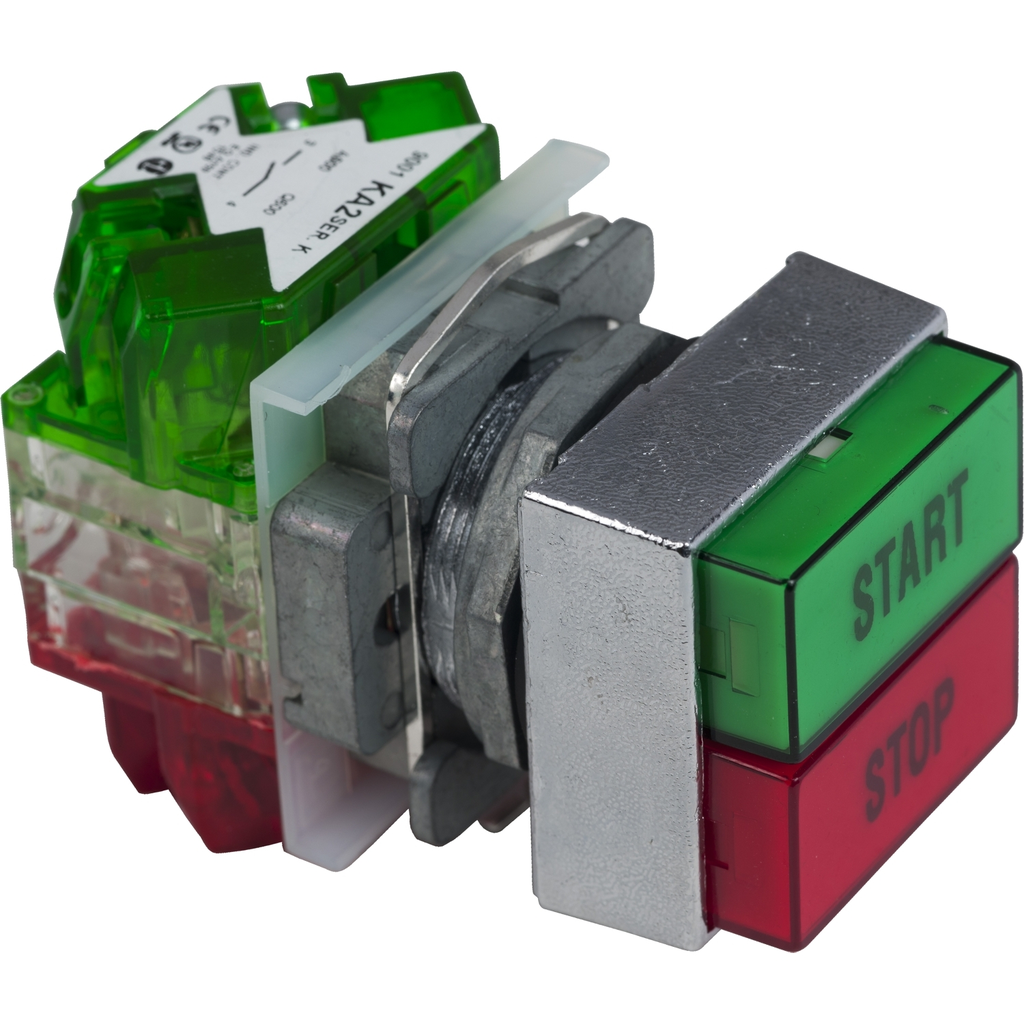 Mayer-DDS-Push button, Harmony 9001K, 30mm 2 push buttons, green marked START / red marked STOP, 10A, 600V AC, 1NO + 1NC-1