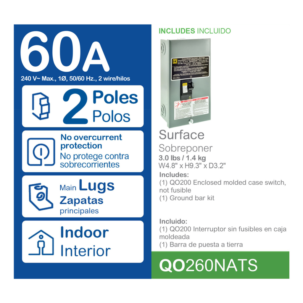 Mayer-DDS-Enclosed molded case switch, QO, 60A, 2 pole, 240VAC, 22kA, NEMA 1-2