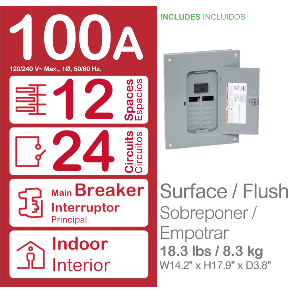 Mayer-DDS-Load center, Homeline, 1 phase, 12 spaces, 24 circuits, 100A convertible main breaker, PoN, NEMA1, combo cover-2