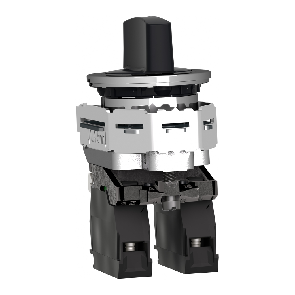 Mayer-DDS-Selector switch flush mounted, Harmony XB4, metal, black, 30mm, 3 positions, spring return to center, 2NO-2