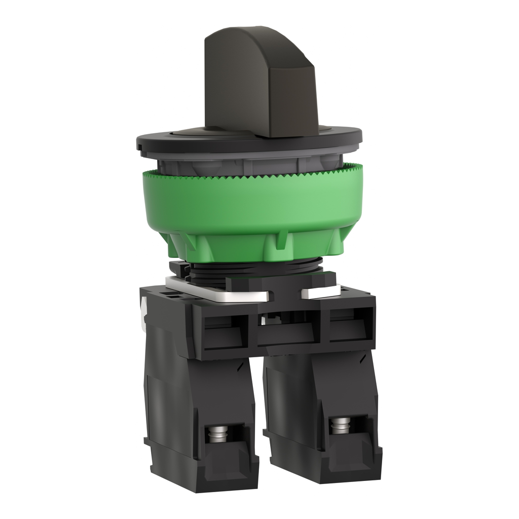 Mayer-DDS-Selector switch, Harmony XB5, flush mounted, plastic, black, 30mm, long handle, 3 positions, spring return to center, 2NO-2