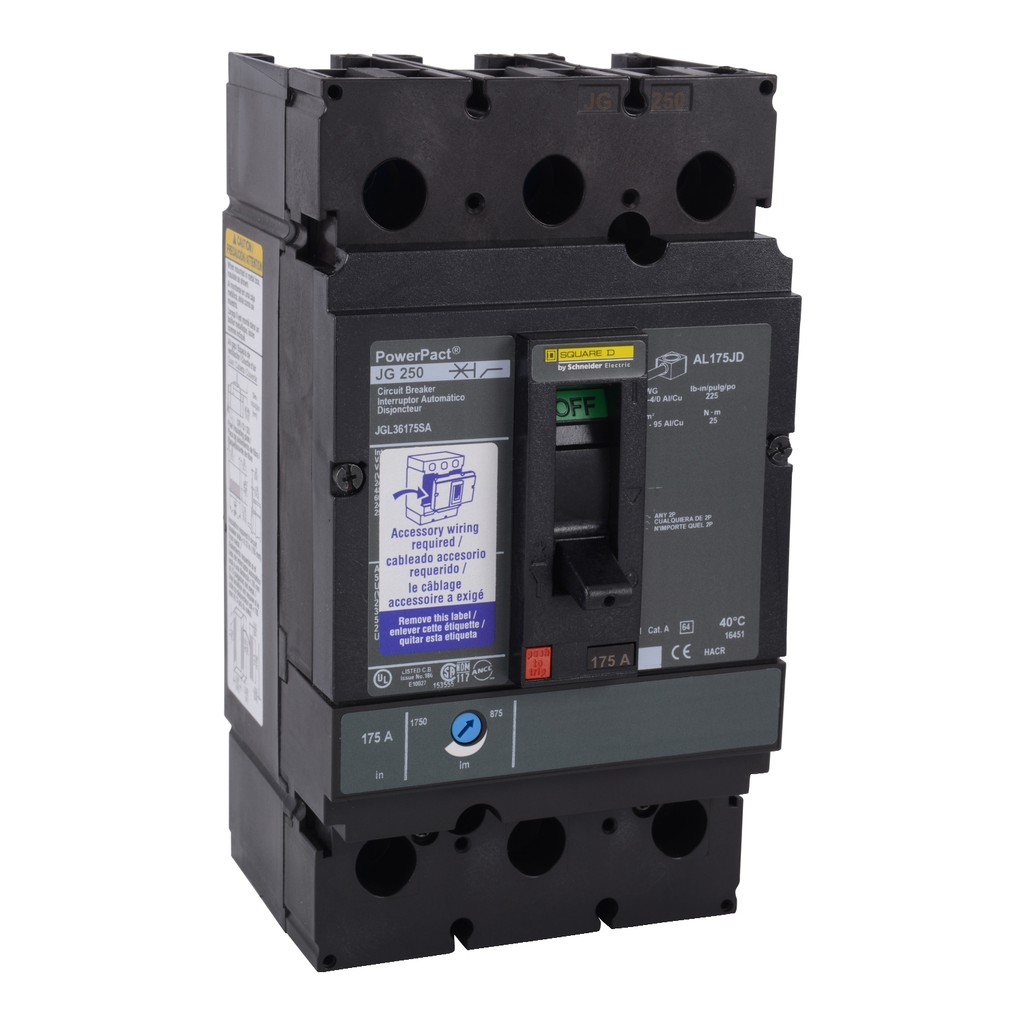 Mayer-DDS-Circuit breaker, PowerPacT J, 175A, 3 pole, 600VAC, 18kA, lugs, thermal magnetic, 80%, shunt-1