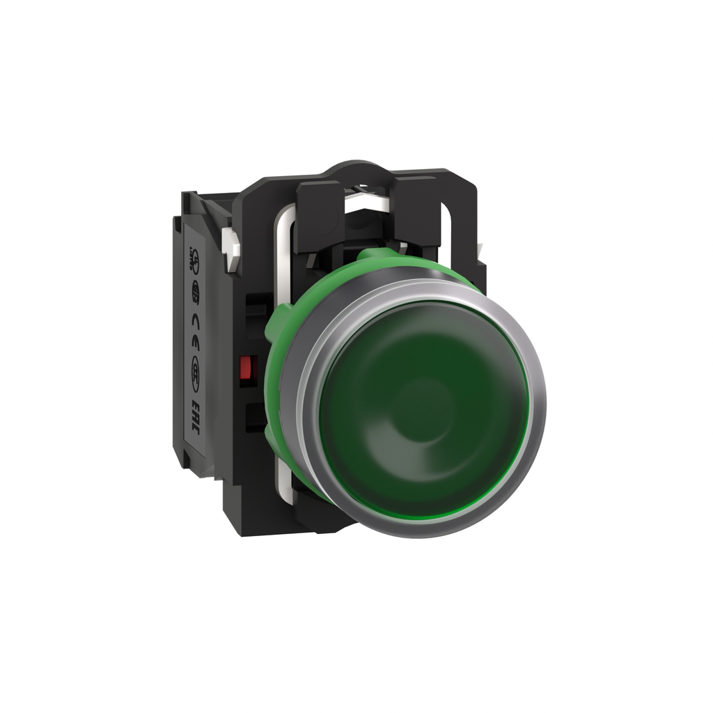 Mayer-DDS-Illuminated push button, Harmony XB5, plastic, green flush, 22mm, universal LED, plain lens, 1NO + 1NC, 24V AC DC-1