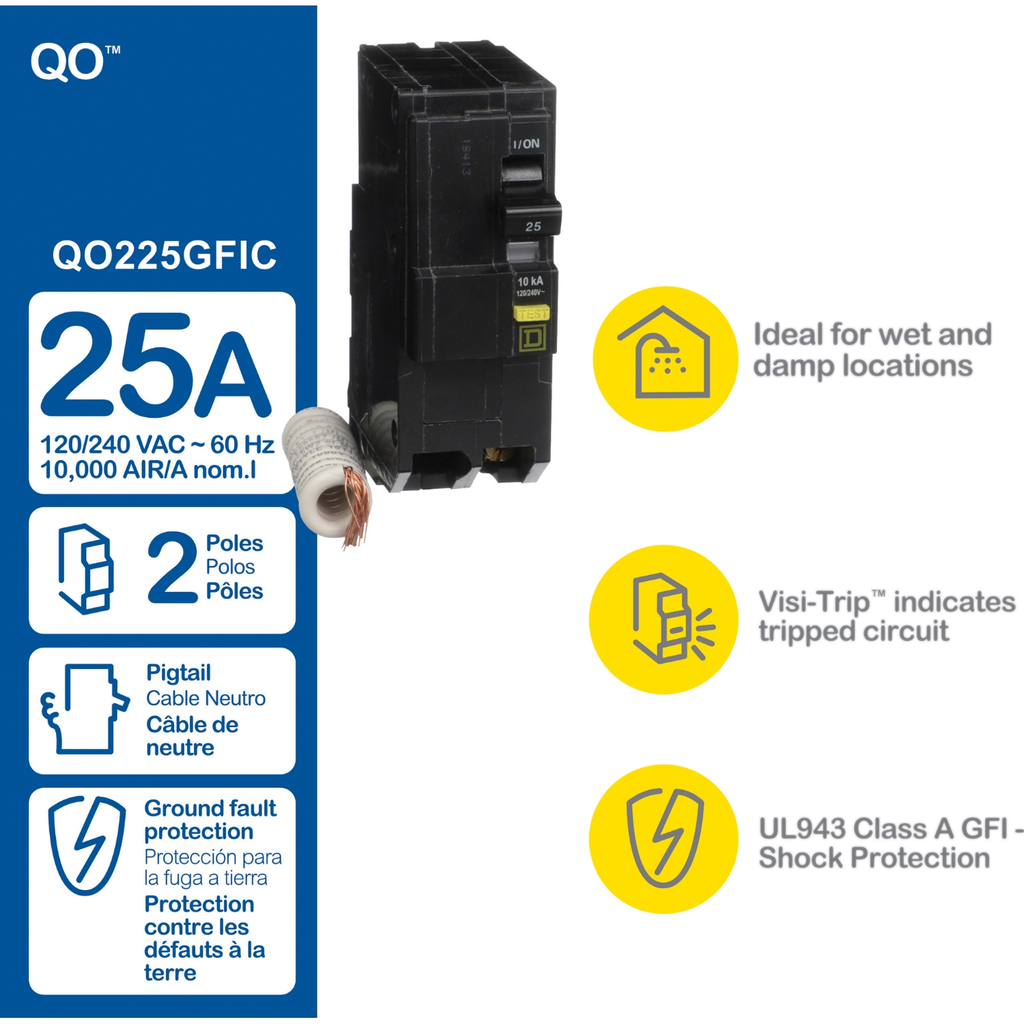 Mayer-DDS-Mini circuit breaker, QO, 25A, 2 pole, 120/240VAC, 10kA, plug in, 6mA grd fault A, pigtail [TAA]-2
