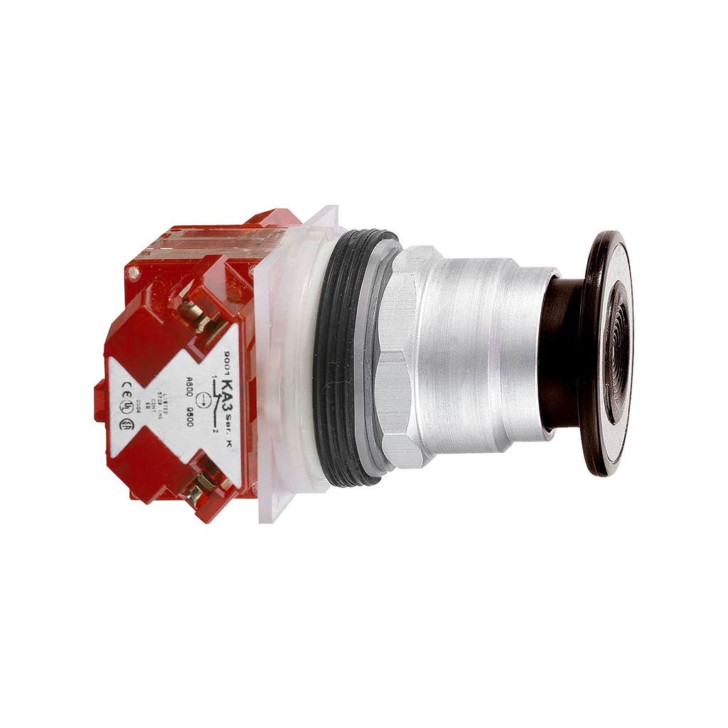 Mayer-DDS-Push-button, Harmony 9001K, metal, mushroom 41mm, black, 30mm, 3 positions, return to center, 1 NC late + 1 NC-1