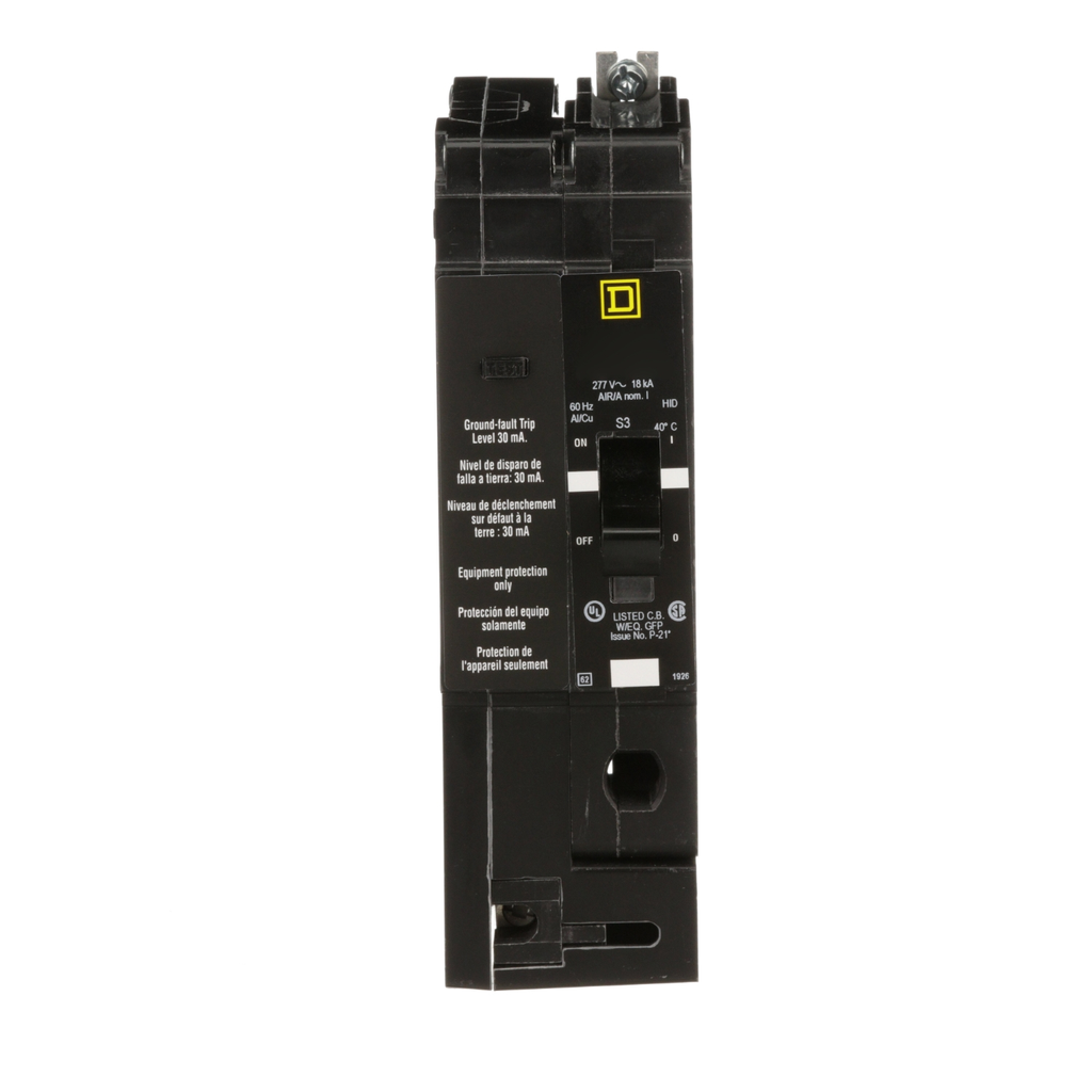 Mayer-DDS-Mini circuit breaker, E-Frame, 50A, 1 pole, 277VAC, 25kA max, bolt on, 30mA ground fault protection [TAA]-2