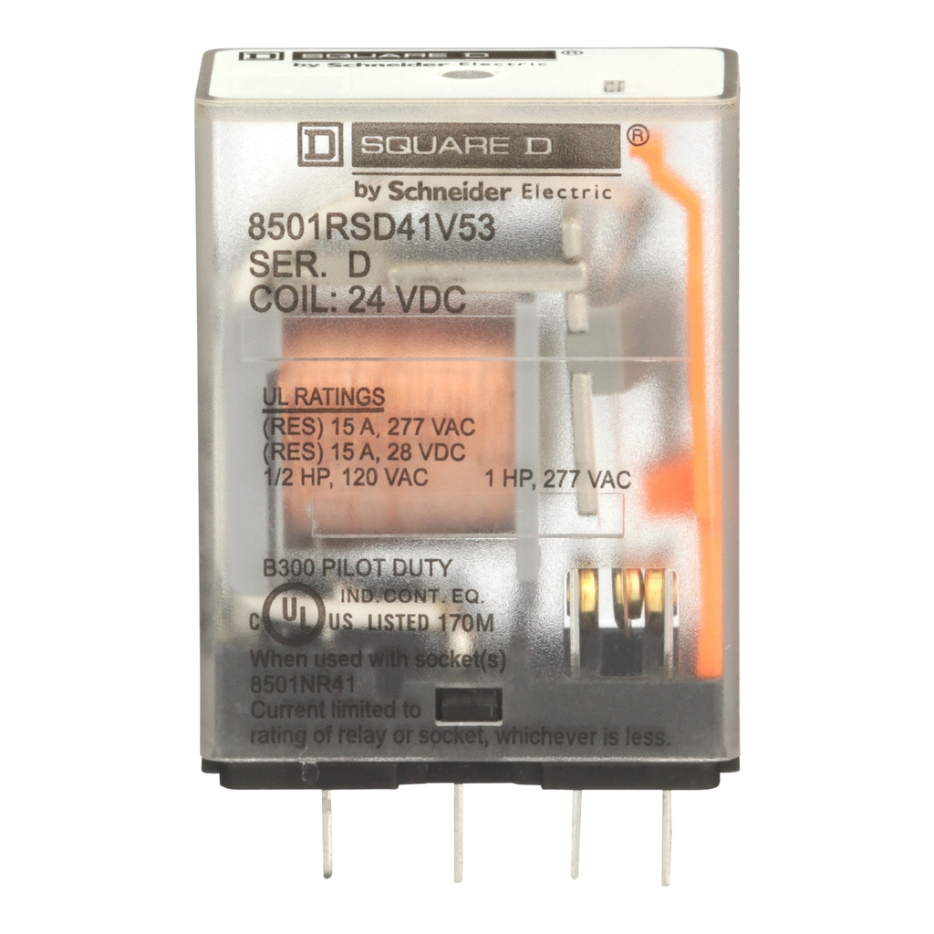 Mayer-DDS-Miniature Relay, Harmony 8501R, SPDT, 5 blades, coil, 1HP at 277V AC, 15A resistive at 120V AC, 24V DC, 1NO+ 1NC-2