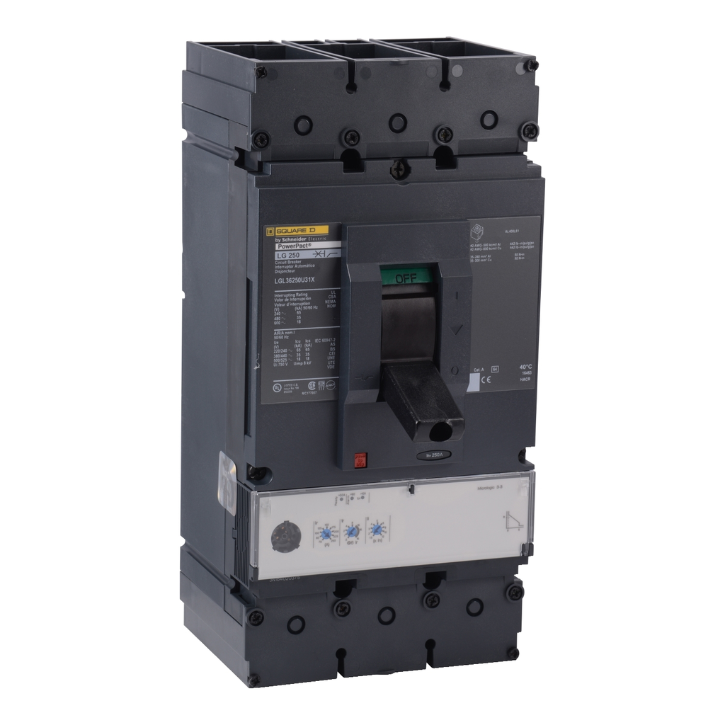 Mayer-DDS-Circuit breaker, PowerPacT L, 250A, 3 pole, 600VAC, 18kA, lugs, MicroLogic 3.3, 100%-1