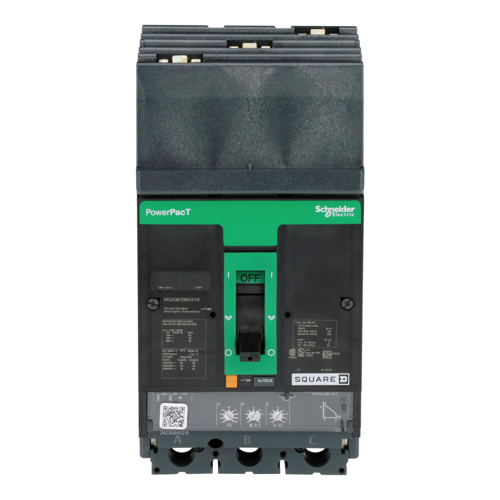 Mayer-DDS-Circuit breaker, PowerPacT H, 100A, 3 pole, 600VAC, 18kA, I-Line, Micrologic 3.2, 80%, ABC-2