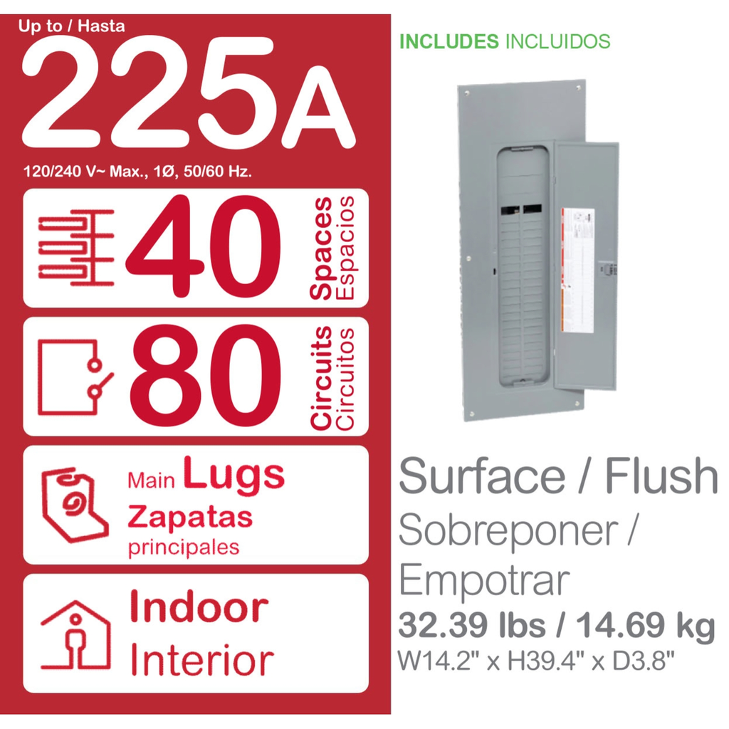 Mayer-DDS-Load center, Homeline, 1 phase, 40 spaces, 80 circuits, 225A convertible main lugs, PoN, NEMA1, combo cover-2