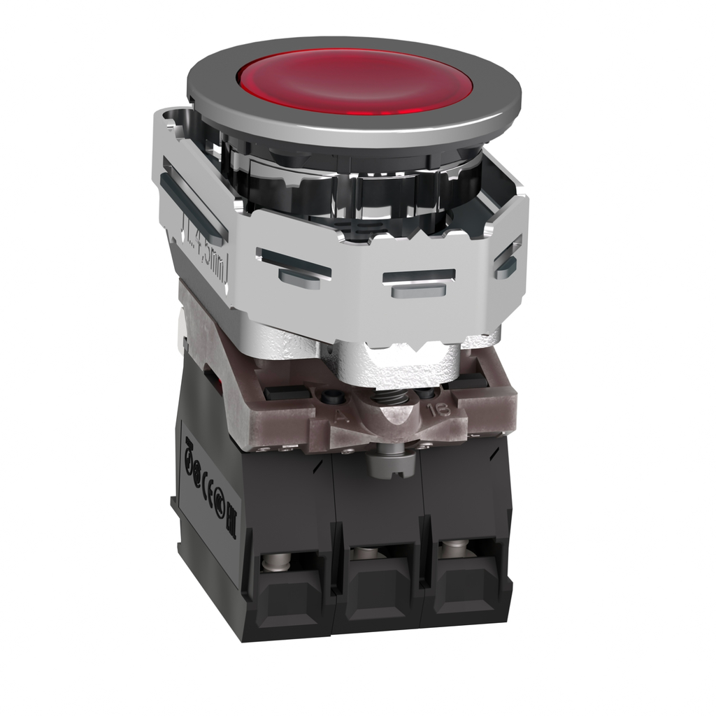 Mayer-DDS-Illuminated push button, Harmony XB4, metal, red flush mounted, 30mm, universal LED, plain lens, 1NO + 1NC, 120V AC-2