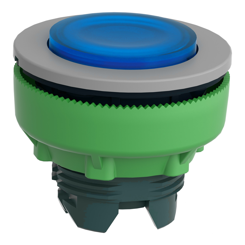 Mayer-DDS-Head for illuminated push button, Harmony XB5, grey bezel, blue projecting, 30mm, universal LED, spring return, unmarked-2