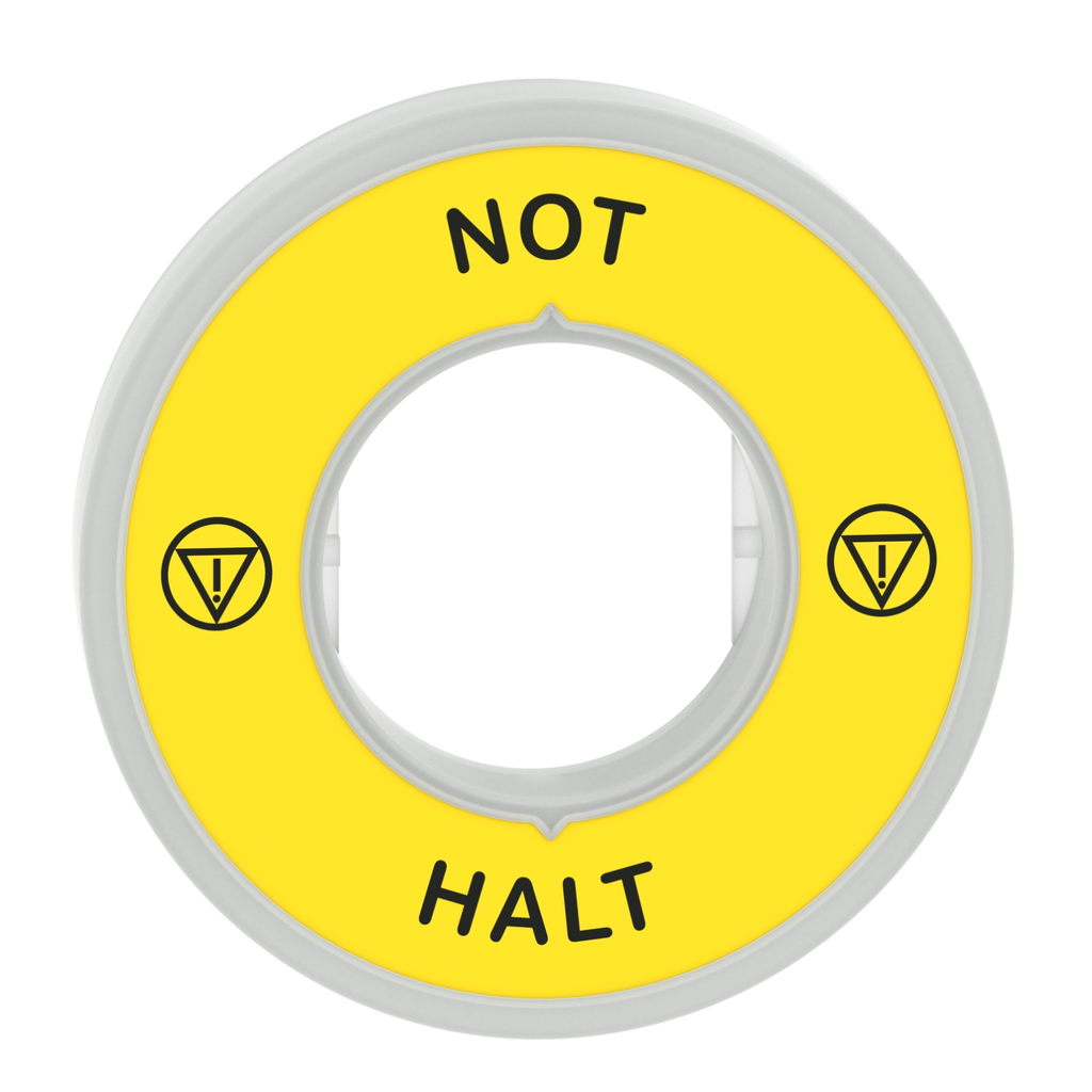 Mayer-DDS-Illuminated marked legend ring, Harmony XB5, 60mm, plastic, yellow, red fixed integral LED, marked NOT HALT, 24V AC DC-2