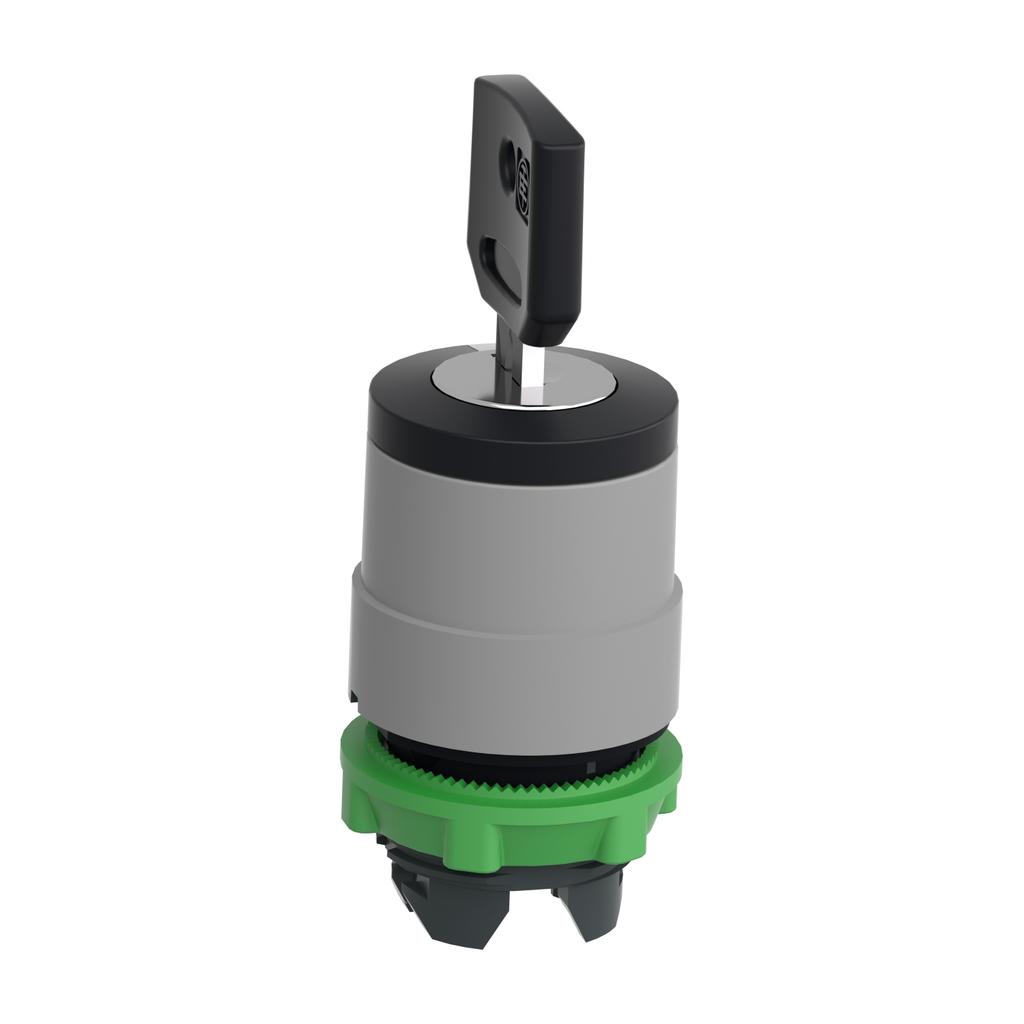 Mayer-DDS-key switch selector head, Harmony XB5, plastic, black, 22mm, key 455, 3 positions, stay put, grey bezel-2