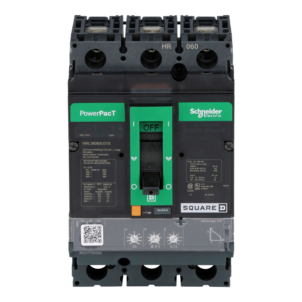 Mayer-DDS-Circuit breaker, PowerPacT H, 60A, 3 pole, 600VAC, 100kA, lugs, Micrologic 3.2, 80%-2