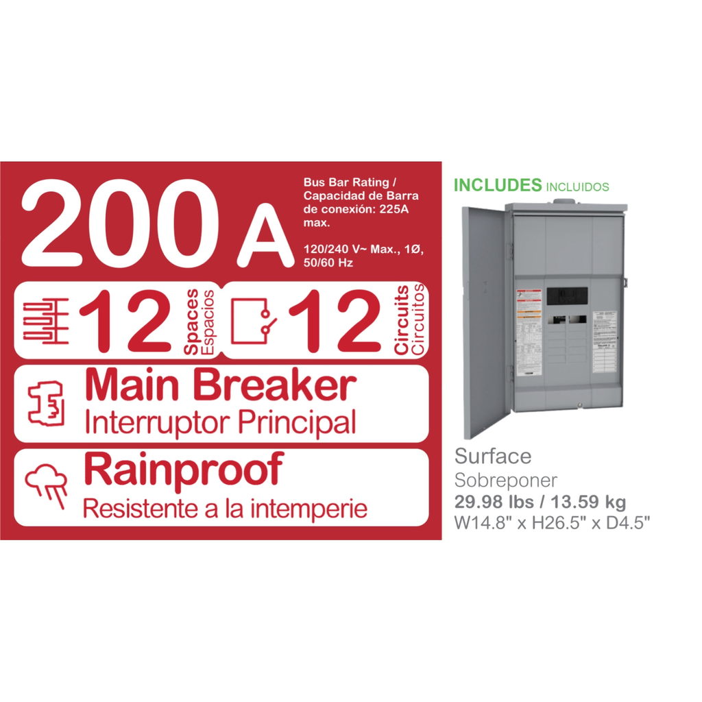 Mayer-DDS-Load center, Homeline, 1 phase, 12 spaces, 12 circuits, 200A convertible main breaker, PoN, NEMA3R-2