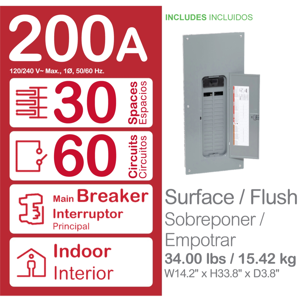 Mayer-DDS-Load center, Homeline, 1 phase, 30 spaces, 60 circuits, 200A convertible main breaker, PoN, NEMA1, value pack-2