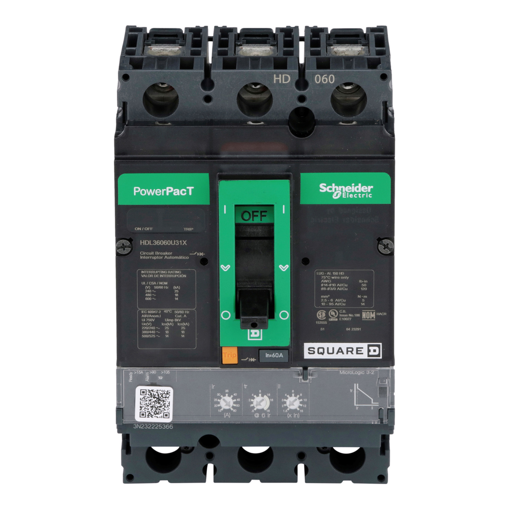 Mayer-DDS-Circuit breaker, PowerPacT H, 60A, 3 pole, 600VAC, 14kA, lugs, Micrologic 3.2, 80%-2