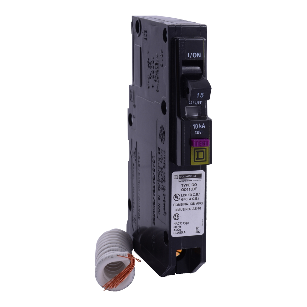 Mayer-DDS-Mini circuit breaker, QO, 15A, 1 pole, 120VAC, 22kA, plug in, dual function, pigtail [TAA]-1