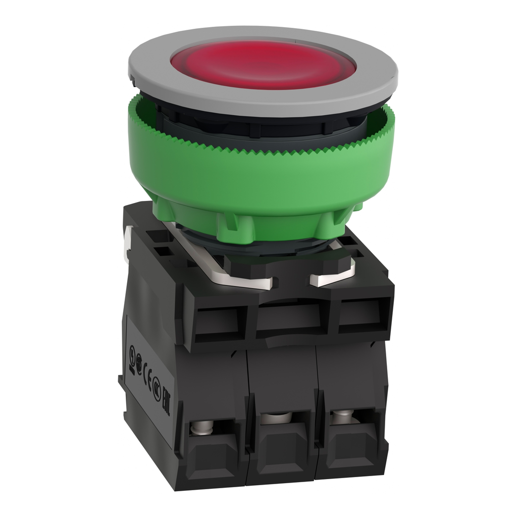 Mayer-DDS-Illuminated push button, Harmony XB5, grey bezel, red flush mounted, 30mm, universal LED, 1NO + 1NC, 120V AC-2