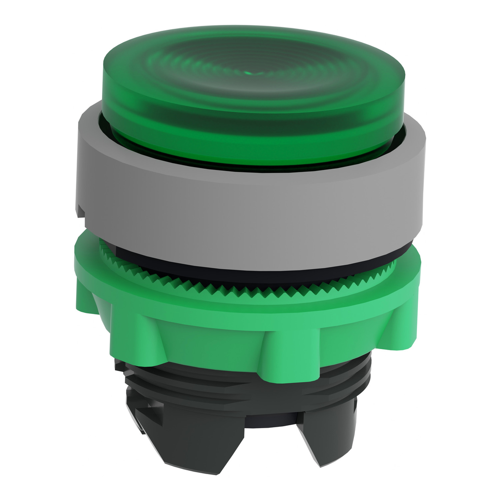 Mayer-DDS-Head for illuminated push button, Harmony XB5, grey bezel, green projecting, 22mm, universal LED, grooved lens-2