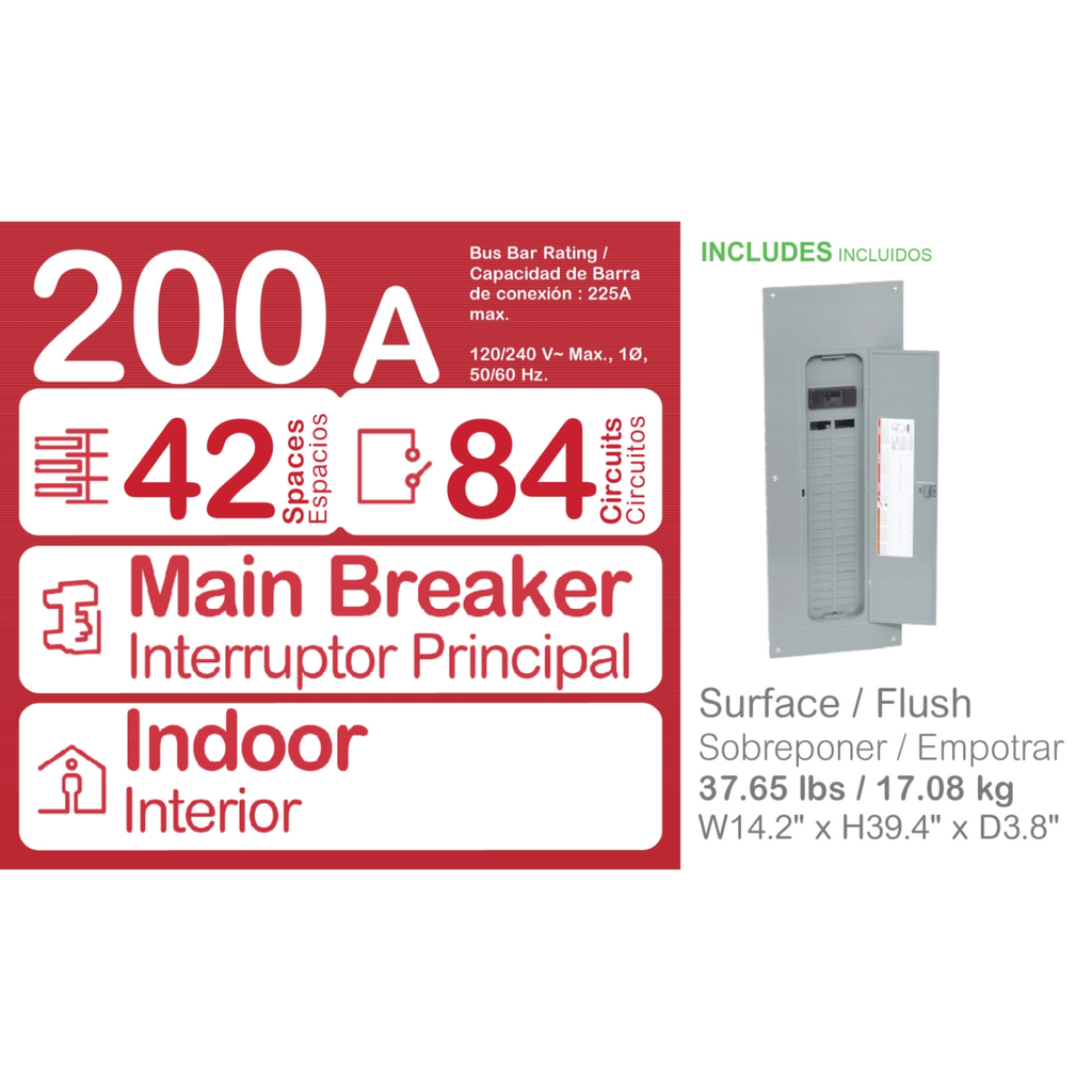 Mayer-DDS-Load center, Homeline, 1 phase, 42 spaces, 84 circuits, 200A convertible main breaker, PoN, NEMA1, combo cover-2