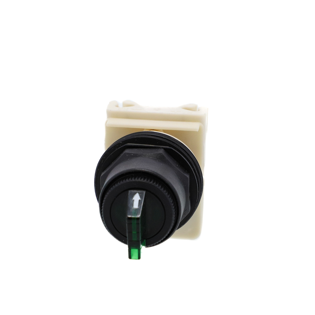 Mayer-DDS-30mm push button, Type SK, illuminated selector switch, 3 position, 120VAC light module, green knob, no contacts, NEMA 4, 4X-3