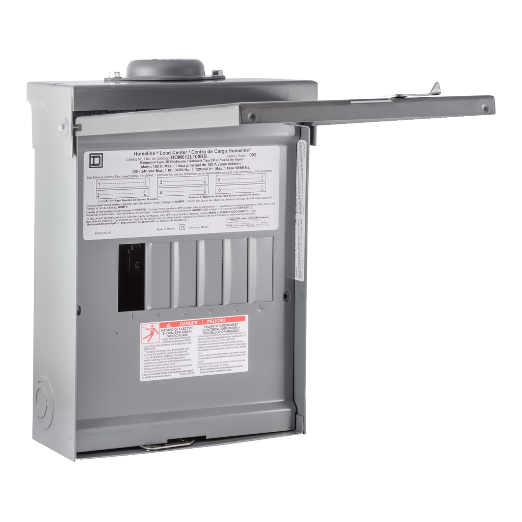 Mayer-DDS-Load center, Homeline, 1 phase, 6 spaces, 12 circuits, 100A fixed main lugs, NEMA3R-2