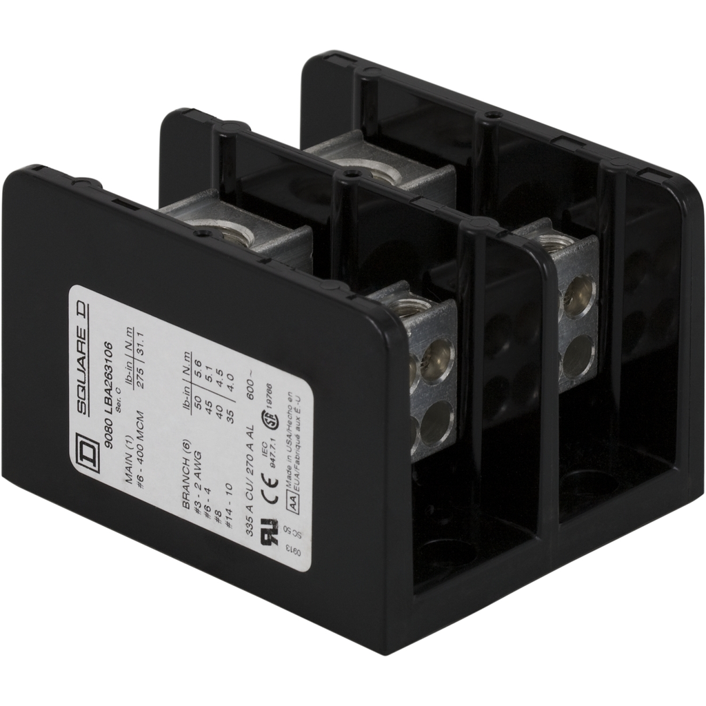 Mayer-DDS-Power distribution block, Linergy, 2 pole, 1 line, 6 load, 335A Cu, 270A Al, 600V-2