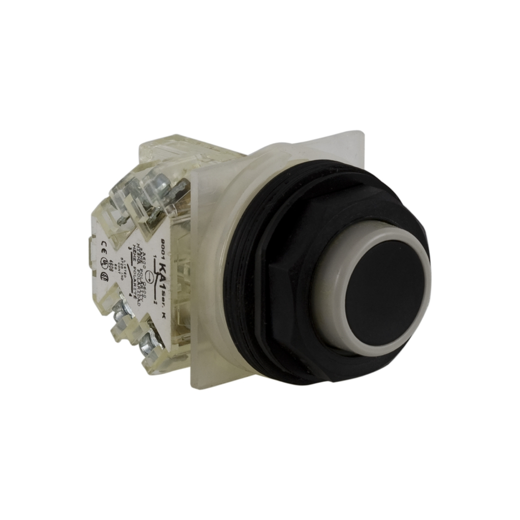 Mayer-DDS-Push-button, Harmony 9001SK, plastic, projecting, black, 30mm, spring return, 1 C/O-1