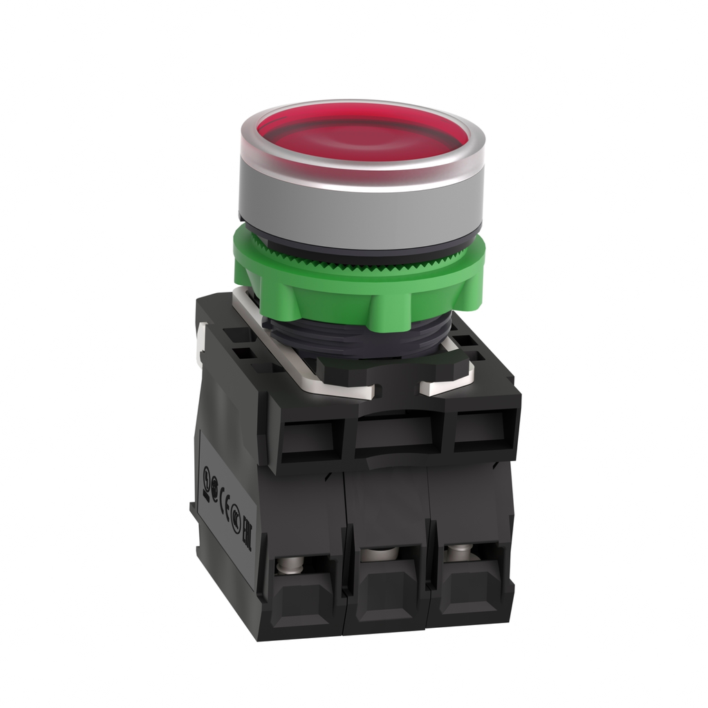 Mayer-DDS-Illuminated push button, Harmony XB5, grey bezel, red flush, 22mm, universal LED, spring return, 1NO + 1NC, 24V AC-2