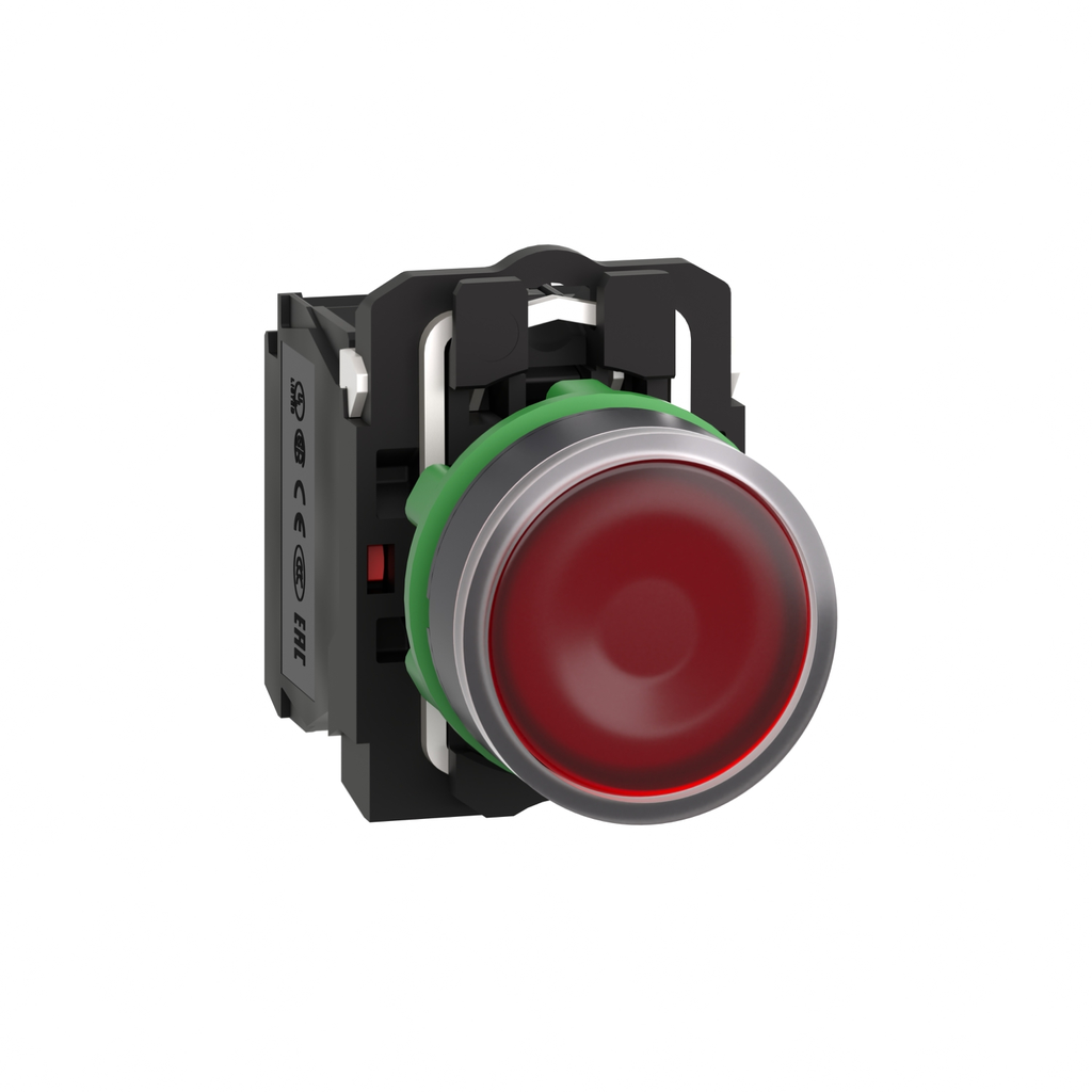 Mayer-DDS-Illuminated push button, Harmony XB5, plastic, red flush, 22mm, universal LED, plain lens, 1NO + 1NC, 24V AC DC-1