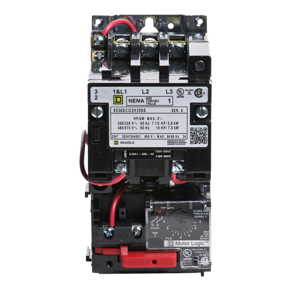 Mayer-DDS-NEMA motor starter, Type S, nonreversing, Size 1, 27A, 10HP at 460VAC, up to 100kA SCCR, 3 phase, 3 pole, Motor Logic, 120VAC coil, open [TAA]-2