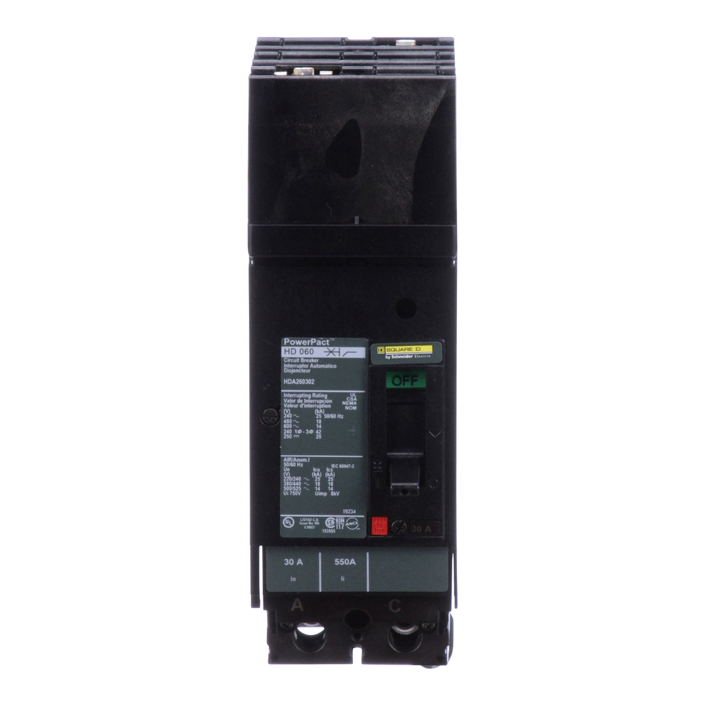 Mayer-DDS-Circuit breaker, PowerPacT H, 30A, 2 pole, 600VAC, 14kA, I-Line, thermal magnetic, 80%, AC-2