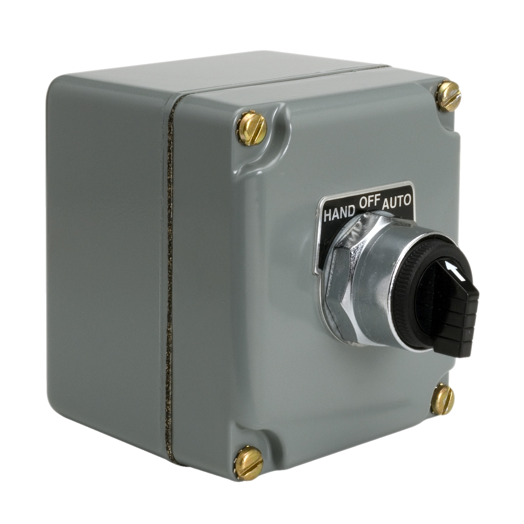 Mayer-DDS-Complete control station, Harmony 9001K, 10A, zinc, grey, 1 push button 1NO + 1NC HAND OFF AUTO, NEMA 3 4 13-1