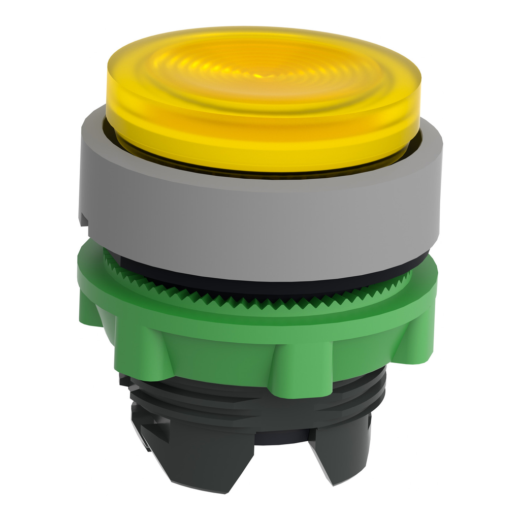 Mayer-DDS-Head for illuminated push button, Harmony XB5, grey bezel, yellow projecting, 22mm, universal LED, grooved lens-2