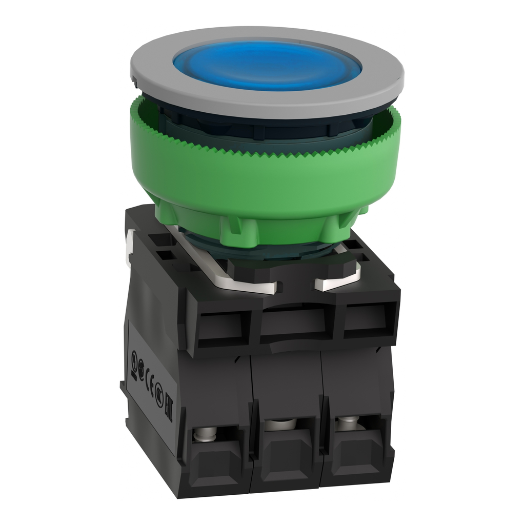 Mayer-DDS-Illuminated push button, Harmony XB5, grey bezel, blue flush, 30mm, universal LED, 230…240V AC, 1NO + 1NC-2