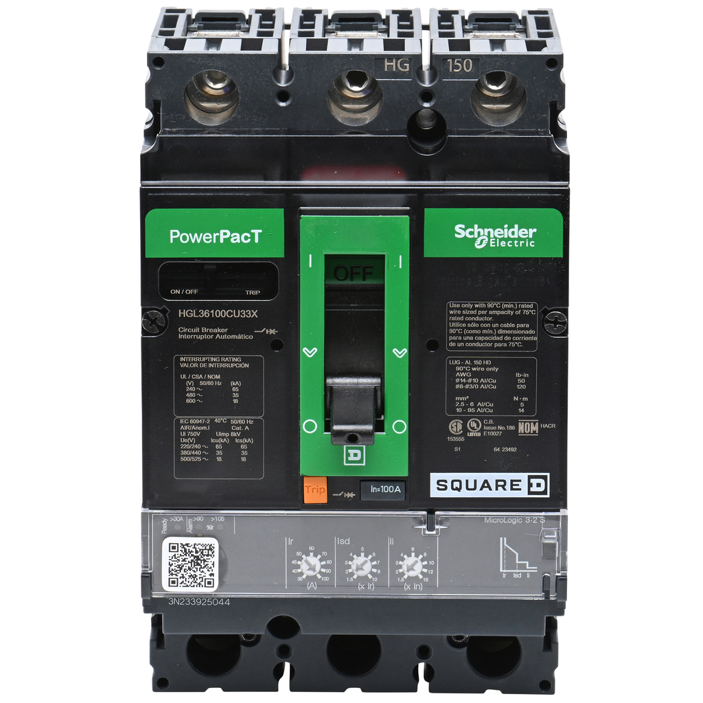 Mayer-DDS-Circuit breaker, PowerPacT H, 100A, 3 pole, 600VAC, 18kA, lugs, Micrologic 3.2S, 100%-2