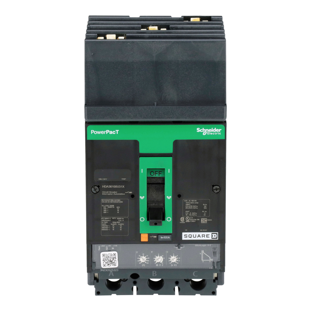 Mayer-DDS-Circuit breaker, PowerPacT H, 100A, 3 pole, 600VAC, 14kA, I-Line, Micrologic 3.2, 80%, ABC-2