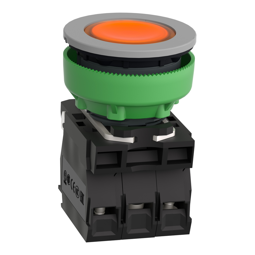 Mayer-DDS-Illuminated push button, Harmony XB5, grey bezel, orange flush, universal LED, 230V AC, 1NO + 1NC-2