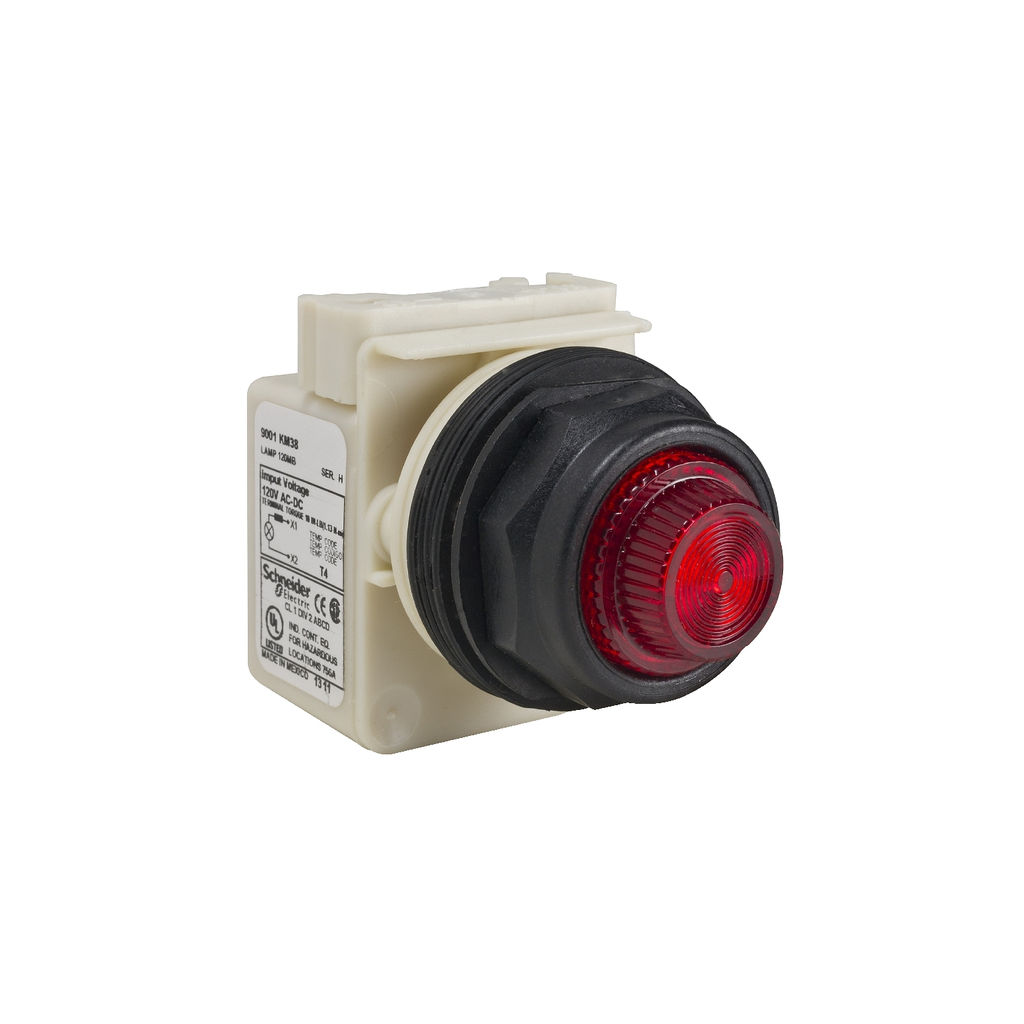 Mayer-DDS-30mm push button, Type SK, pilot light, 120VAC/VDC full voltage light module, red plastic fresnel lens, NEMA 4, 4X-1