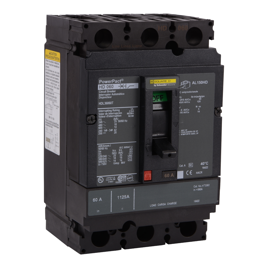 Mayer-DDS-Circuit breaker, PowerPacT H, 60A, 3 pole, 600VAC, 14kA, lugs, Micrologic 5.2A, 80%-1