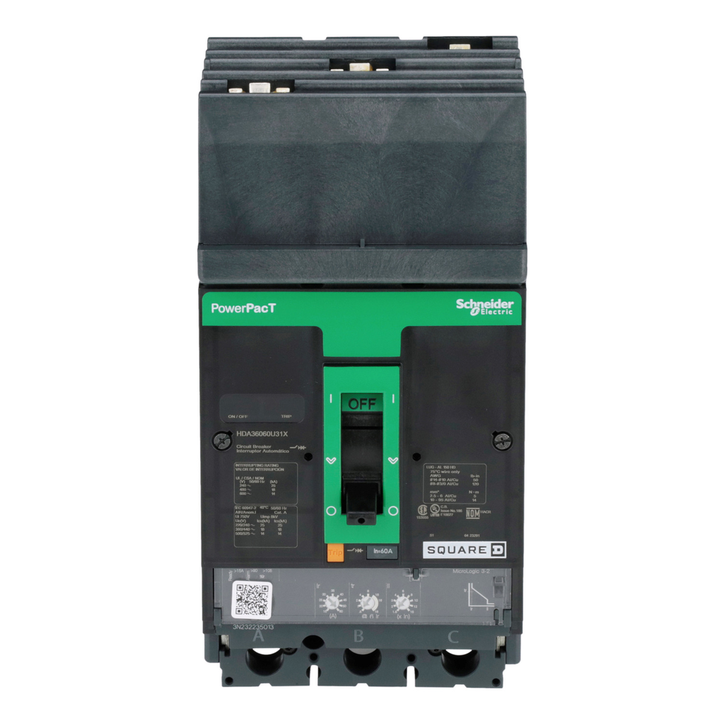 Mayer-DDS-Circuit breaker, PowerPacT H, 60A, 3 pole, 600VAC, 14kA, I-Line, Micrologic 3.2, 80%, ABC-2