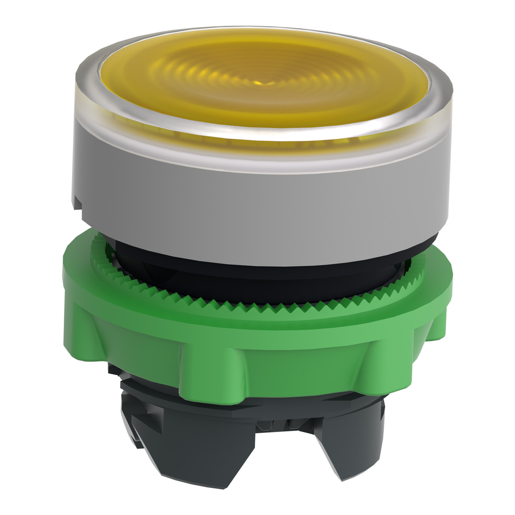 Mayer-DDS-Head for illuminated push button, Harmony XB5, grey bezel, yellow flush, 22mm, universal LED, spring return, grooved lens-2